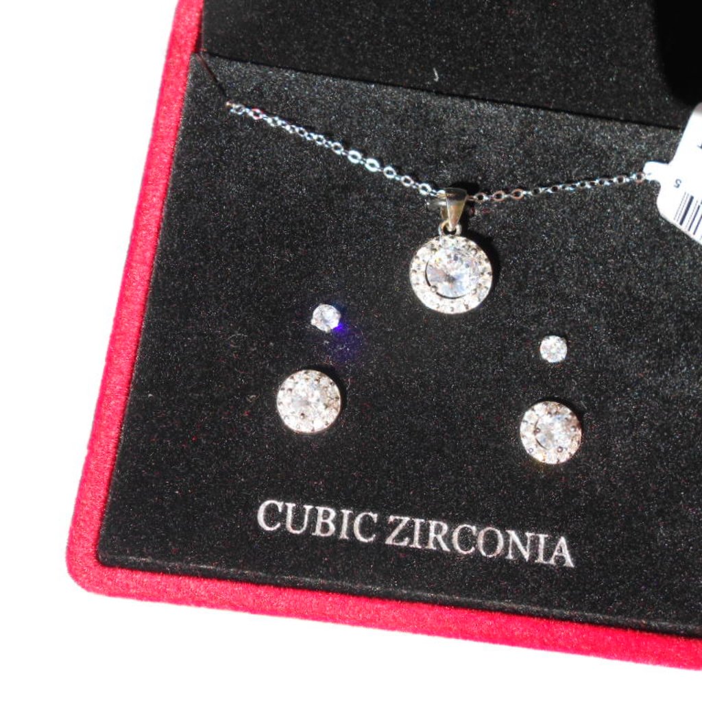 Sterling Silver Cz Necklace & 2 Pair Earrings Box Gift Set